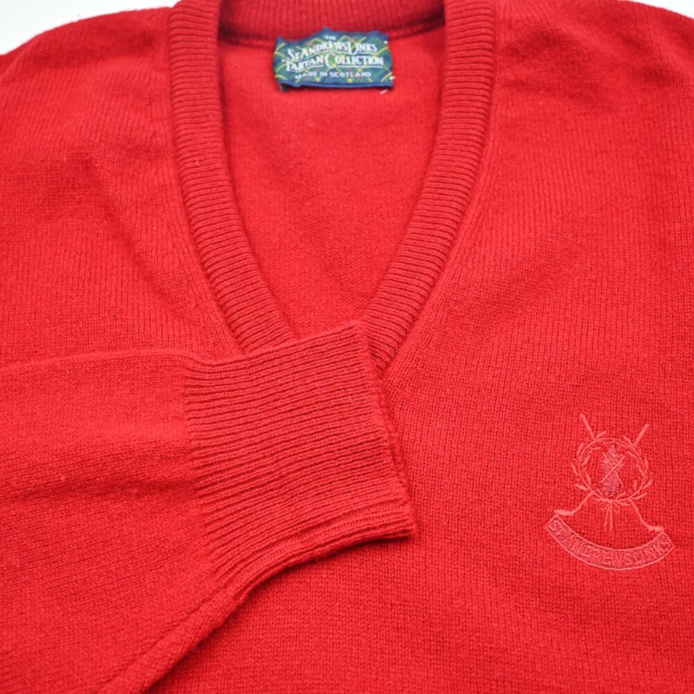 GORGEOUS St Andrews Links Made in Scotland 100% Wool Red Jumper V-Neck Sweater L